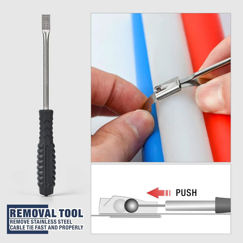 One-Handed Stainless Zip Tie Gun Kit With 100 11.8 Inch Metal Cable Ties And Release Tool WCT-319 being used to remove a tie