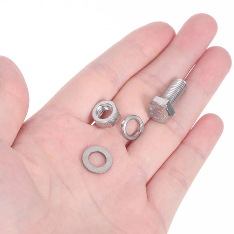 Hand holding 20 Piece M6 Stainless Steel Hex Bolts And Nuts Kit with 16mm Thread Length Carriage Bolts and Flat Washers
