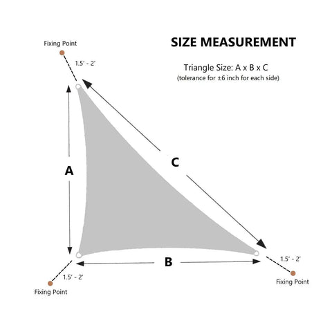 Triangle Sun Shade Sail 16 Foot By 16 Foot By 22.64 Foot UV Block Canopy size measurement diagram with fixing points