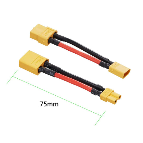 XT60 Male To XT30 Female Connector Adapter 14AWG Cable 5cm 2 Pack And XT30 Male To XT60 Female Connector Adapter 14AWG Cable 50mm 2 Pack For Lithium Battery Micro FPV Drone 4 Pack showing two yellow connector adapters with cables.