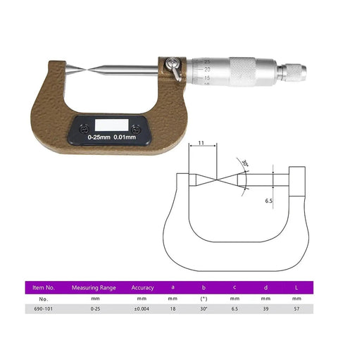 Professional Mechanical Outside Diameter Micrometer Zero To Twenty Five Millimeter Dual Tip Keyway Groove Depth Gage with display and measurements.
