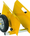 Heavy Duty Panel Dolly Cart With Adjustable Drywall Mover Design Smooth Eight Inch Rollers For Hauling Sheetrock Panels and Heavy Doors Without Breaking A Sweat, close-up view showing wheel and durable frame.