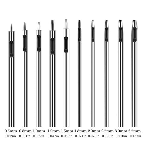 10 Pack Leather Hole Punch Set 0.5mm To 3.5mm Hollow Punches for crafting, showing 10 precise carbon steel tools for leather, canvas, rubber