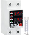 Adjustable Voltage Protector For 110V 220V Setups With Undervoltage 70-200V And Overvoltage 140-300V Cutoff 1-63A Overcurrent Protection Smart Circuit Breaker AC Disconnect DIN Rail Mount 12 Presets, showing digital display and mounting hardware.