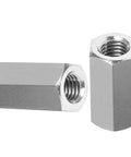 Heavy Duty Stainless Steel Hex Coupling Nuts M8x1.25 Thread Two Piece Set 25mm Length 13mm Width showing two sturdy nuts.