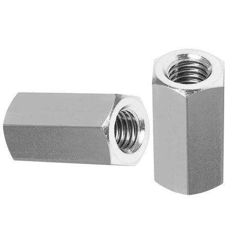 Heavy Duty Stainless Steel Hex Coupling Nuts M8x1.25 Thread Two Piece Set 25mm Length 13mm Width showing two sturdy nuts.