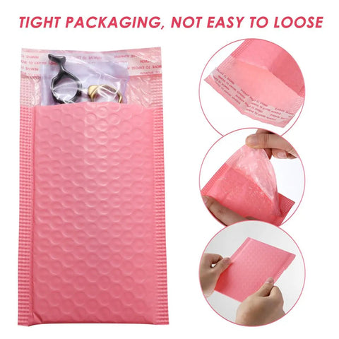 Pink Bubble Mailers 60 Pack Self Seal Padded Shipping Bags 11x15 shown sealing and holding items