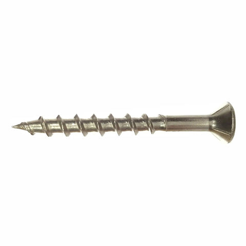Built Different Stainless Steel Deck Screws Bugle Head Star Drive Partial Thread Bright Finish Tough As Nails Wood Fencing Composite Board Assembly Outdoor Project No Sweat Installation Heavy Duty Fasteners 50 Pack Size 12 By 4 Inch Type Seventeen Point single screw showing bugle head and sharp tip on white background