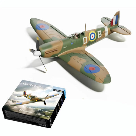 Model Spitfire RC aircraft with 500mm wingspan, shown with box of "Two Pack Prop Saver Shaft Adapter Pro Grade For Volantex RC 768 Series 500mm Wingspan Fits P51D Mustang Corsair F4U TrainStar Stunt Spitfire RC Aircraft Spare Parts".