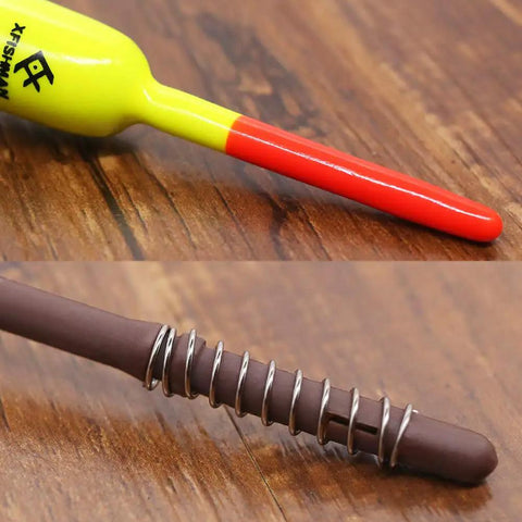Closeup of High Visibility Balsa Fishing Floats Assortment Spring Bobbers One Half Inch Pencil Style Five Pack For Crappie Panfish Walleyes