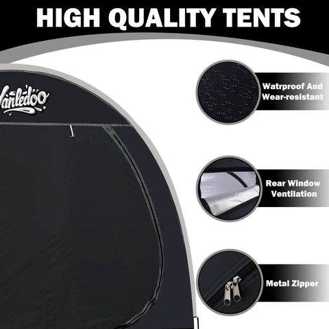 Close-up view of 6.6Ft Waterproof Bike Storage Shed Tent For 2 Bikes, rear window ventilation, metal zipper detail, and fabric texture.