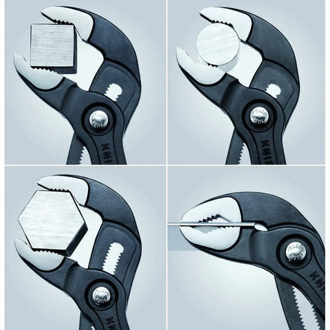 Cobra Pliers Set 4 Piece Including Combination Cutter And Needle Nose Pliers, Heavy Duty Forged Tools gripping various shapes.