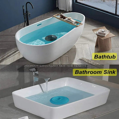 Heavy Duty 2 Pack Silicone Sink Stoppers With Leak Proof Seal And Straight Up Solid Grip For Kitchens And Bathtubs Universal Fit No Sweat Setup Real Deal Drain Stopper in a bathtub and bathroom sink.