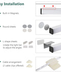 Diagram showing easy installation of Under Cabinet LED Light Strip 12 Inch Plug In Slim USB Bar 6000K Cool White with magnets, sheets, and clips.