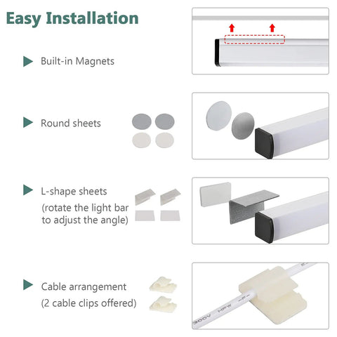 Diagram showing easy installation of Under Cabinet LED Light Strip 12 Inch Plug In Slim USB Bar 6000K Cool White with magnets, sheets, and clips.