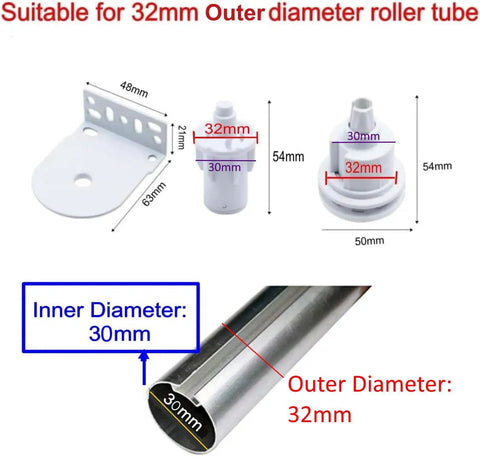 White Durable 32mm Metal Roller Blind Mounting Brackets With Bead Chain Replacement Repair Kit dimensions illustration