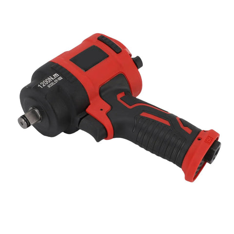 Heavy Duty Pneumatic Air Impact Wrench With Half Inch Drive Delivering One Thousand Two Hundred Nm Torque And Ten Thousand Rpm Spin In A Slick Lightweight Composite Shell, featuring a black and red design.