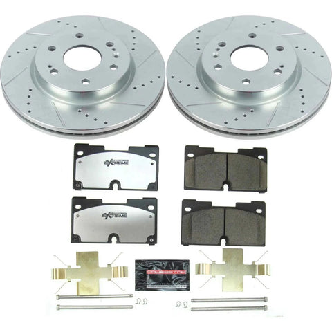 PowerStop front brake kit with two drilled rotors and four carbon-ceramic pads for Cadillac Escalade and Silverado 1500