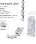 6/7/8 Speed Bike Chain for Road and Mountain Bikes, 116 links, silver, close-up of chain connector and packaging