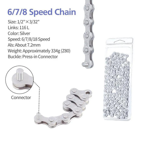 6/7/8 Speed Bike Chain for Road and Mountain Bikes, 116 links, silver, close-up of chain connector and packaging