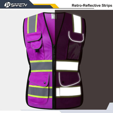 Nine Pocket Women Hi Vis Reflective Safety Vest With Mesh Neon Purple Fabric Yellow Extended Trim And Reflective Strips ANSI Compliant Large Size
