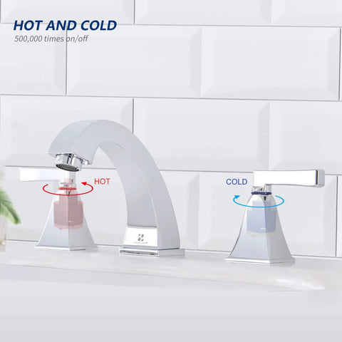 Widespread 8 Inch Bathroom Faucet With 2 Handles, 3-Hole Lavatory Sink Mixer In Chrome, showing hot and cold indicators.
