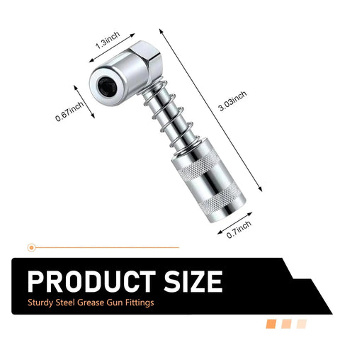 90 Degree Right Angle Grease Gun Coupler for Tight Spaces, heavy-duty steel fitting tool with 3-jaw spring-lock adapter.