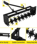 Tow Behind Lawn Aerator 32 Inch Heavy Duty Core Aerator Tool With Universal Hitch, showing metal blades and frame features