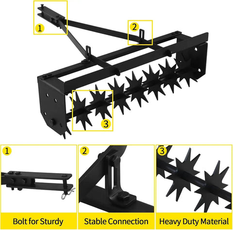 Tow Behind Lawn Aerator 32 Inch Heavy Duty Core Aerator Tool With Universal Hitch, showing metal blades and frame features