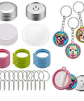 50 Pack Keychain Button Making Kit For 1.25 Inch Button Makers, 32mm refills with metal shells, clear PVC films, and colorful frames.