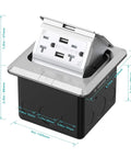 Pop Up Floor Outlet Box With 20 Amp Tamper Resistant USB Receptacle Stainless Steel Floor Box Cover open with dimensions shown