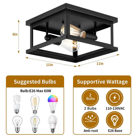 Two Light Flush Mount Ceiling Light Fixture For Farmhouse Industrial Vintage Style In Kitchen Bedroom Hallway And Laundry, black iron, dimensions and bulb types.