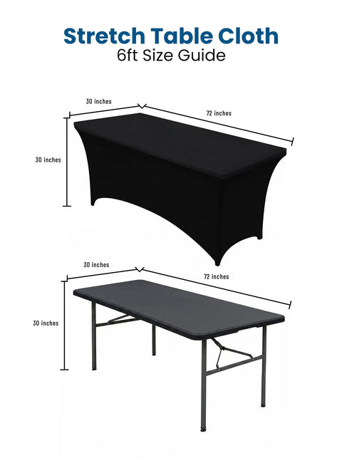 Spandex Tablecloth 2 Pack Black 6Ft Stretch, Tight Fit, Washable and Wrinkle-Resistant Rectangular Patio Table Cover, size guide image