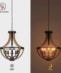 Modern Farmhouse Geometric 5 Light Chandelier With Adjustable Height Rustic Pendant Lighting For Dining Room Foyer And Kitchen Island In Black Wood Grain Finish With A Cool Vibe showing on and off states with no bulb included