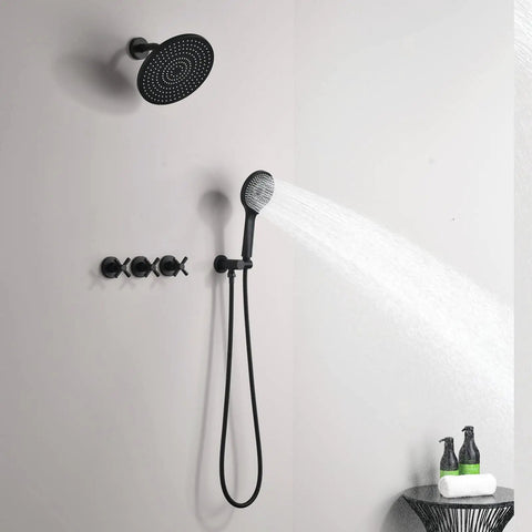 Matte Black High Pressure Shower System With 9 Inch Round Shower Head And 3 Handle Wall Mounted Faucet, Rough-In Valve Included