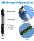 Diagram of USB Rechargeable Engraving Pen Kit With 35 Bits Cordless Mini Electric Engraver, showing features and USB port