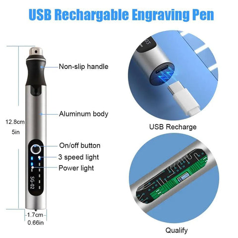 Diagram of USB Rechargeable Engraving Pen Kit With 35 Bits Cordless Mini Electric Engraver, showing features and USB port