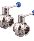 Two 1.5-inch stainless steel 304 tri-clamp butterfly valves with blue pull handles.