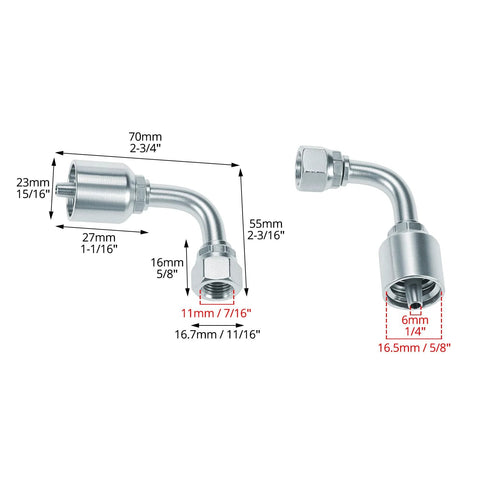 Front and side views of QWORK 10-pack 1/4-inch JIC 37° female 90-degree hydraulic hose fittings.
