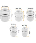 Assorted sizes of 20 pcs cable gland kit PG7 PG9 PG11 PG13.5 PG16 waterproof adjustable conduit connectors shown with measurements
