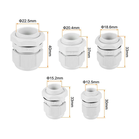 Assorted sizes of 20 pcs cable gland kit PG7 PG9 PG11 PG13.5 PG16 waterproof adjustable conduit connectors shown with measurements