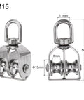 M15 Stainless Steel Double Pulley Block, 58mm tall, 15mm dia, with measurements, Double Pulley Block M15 In Stainless Steel Swivel Rigging Lifting