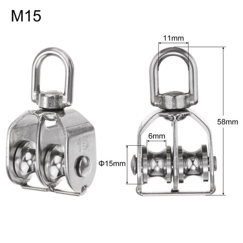 M15 Stainless Steel Double Pulley Block, 58mm tall, 15mm dia, with measurements, Double Pulley Block M15 In Stainless Steel Swivel Rigging Lifting