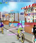 Cyclists in animated multiplayer online game on Indoor Cycling Sensor For Exercise Bike With Lifetime Free App Multiplayer Online Training Real Time Metrics Easy Install On Foldable Under Desk Mini Bike Roaming Scenes For Guided Home Gym Workouts.