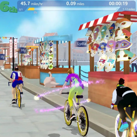 Cyclists in animated multiplayer online game on Indoor Cycling Sensor For Exercise Bike With Lifetime Free App Multiplayer Online Training Real Time Metrics Easy Install On Foldable Under Desk Mini Bike Roaming Scenes For Guided Home Gym Workouts.