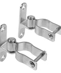 Hardcore 304 Stainless Steel Gate Hinges 2 Pack Heavy Duty Pipe Brackets Fit 35mm Farm Fences Barn Doors Garden Gates With Full Hardware Kit For Zero Sweat Backyards And Fast Weekend Install close-up of two stainless steel gate hinges with mounting holes and bolts.