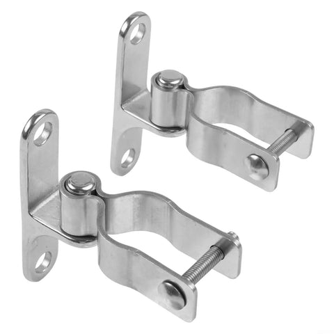Hardcore 304 Stainless Steel Gate Hinges 2 Pack Heavy Duty Pipe Brackets Fit 35mm Farm Fences Barn Doors Garden Gates With Full Hardware Kit For Zero Sweat Backyards And Fast Weekend Install close-up of two stainless steel gate hinges with mounting holes and bolts.