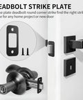 Two Pack Deadbolt Strike Plate With Backplate, 1 Inch By 2.25 Inch Round Corner Door Strike Plate In Matte Black installed on door