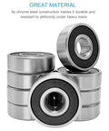 Front view of several 608-2RS steel ball bearings with black rubber seals