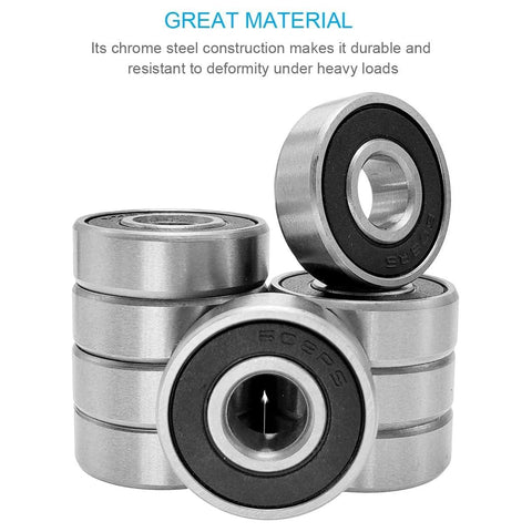 Front view of several 608-2RS steel ball bearings with black rubber seals